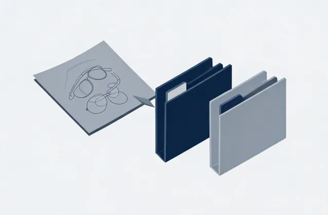 Illustration of a clip-on eyewear specification brief handing off to quotation folders
