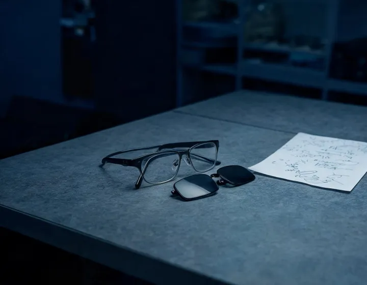 Unlabeled clip on glasses beside a written sourcing brief